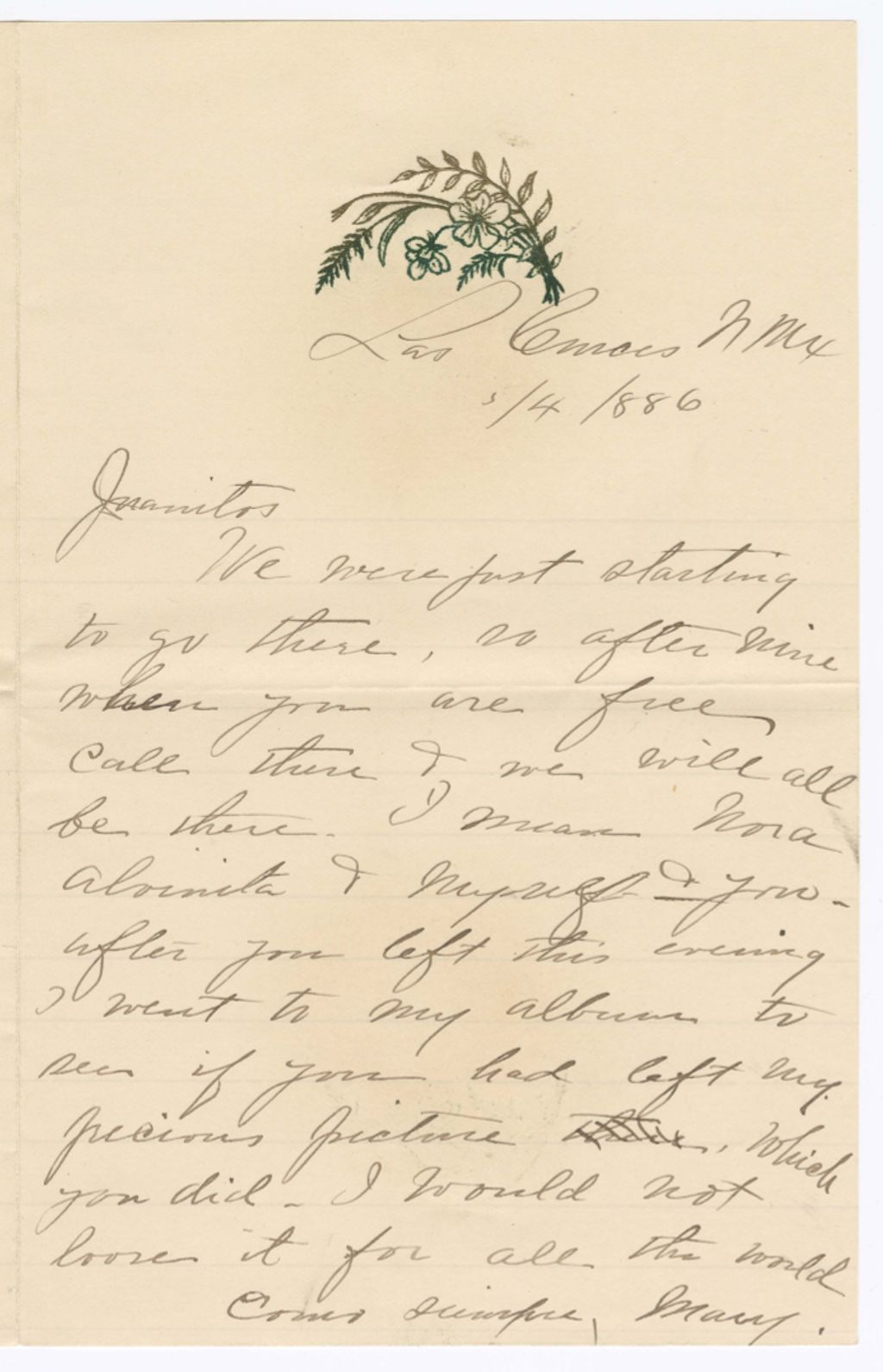 Miniature of Mary J. Cuniffe to Juan Amador, May 4, 1886