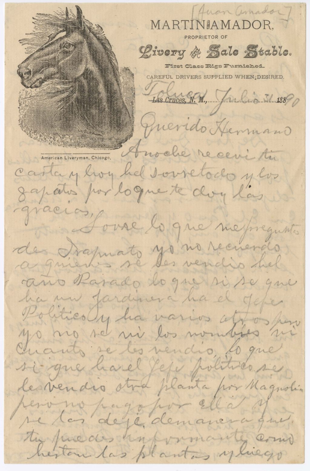 Miniature of Francisco Amador to Juan Amador, July 31, 1890