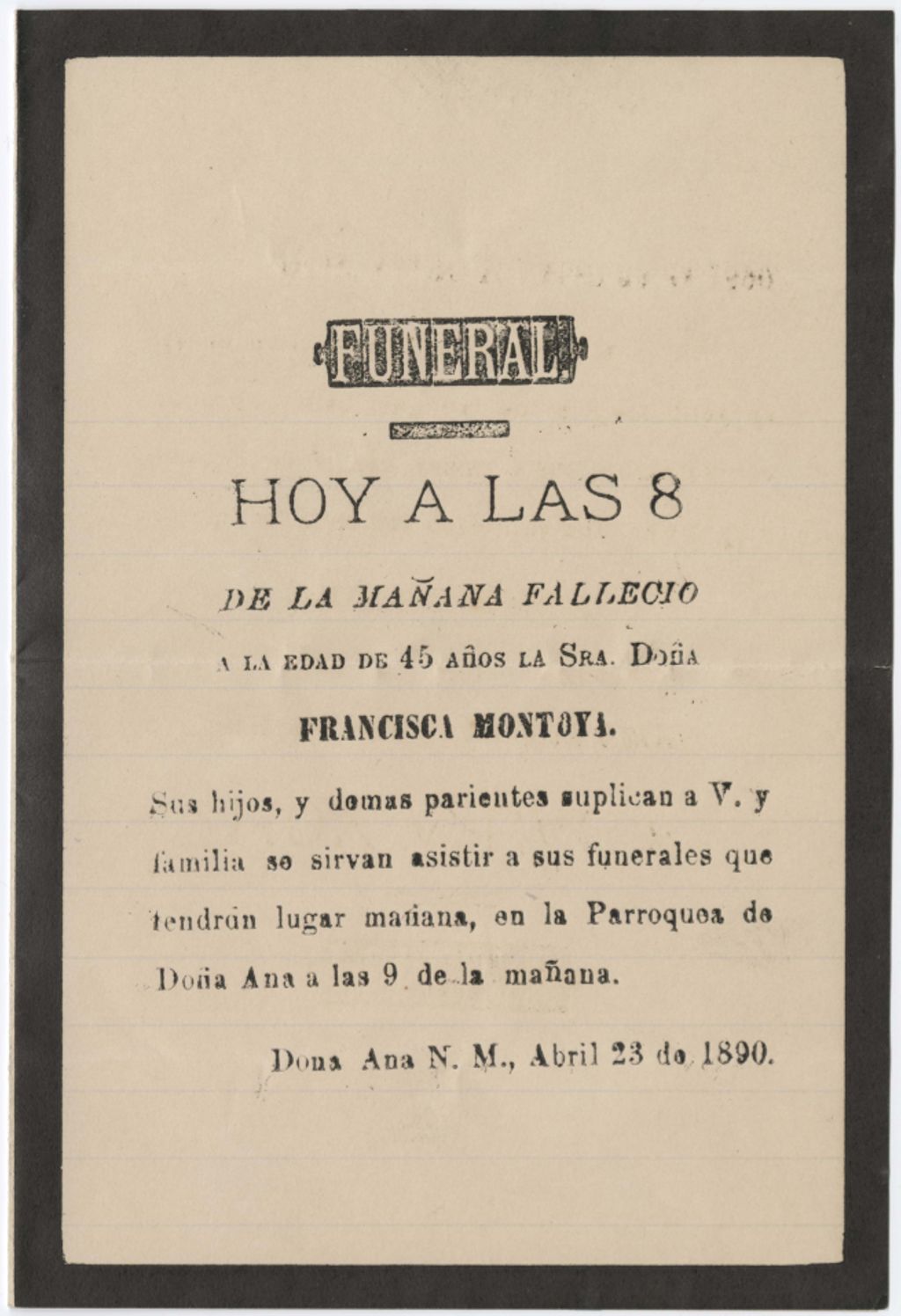 Miniature of Funeral announcement for Fracisca Montoya, April 23, 1890