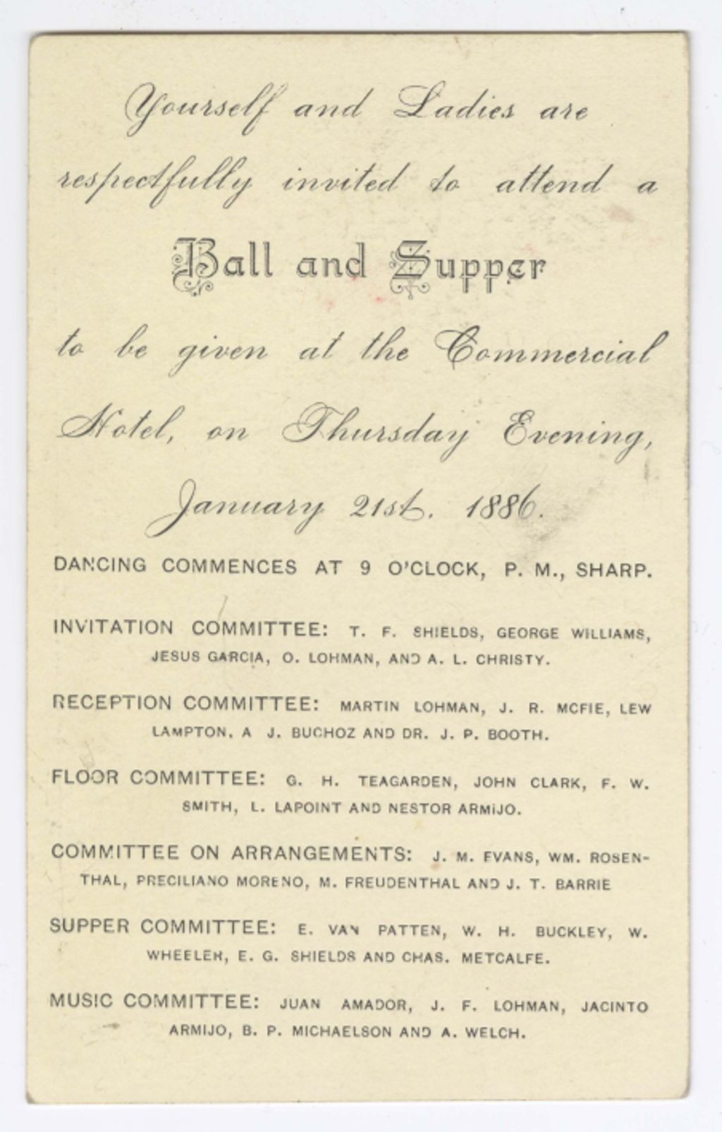 Miniature of Invitation to Jesus S. García for a Ball and Supper, January 21, 1886