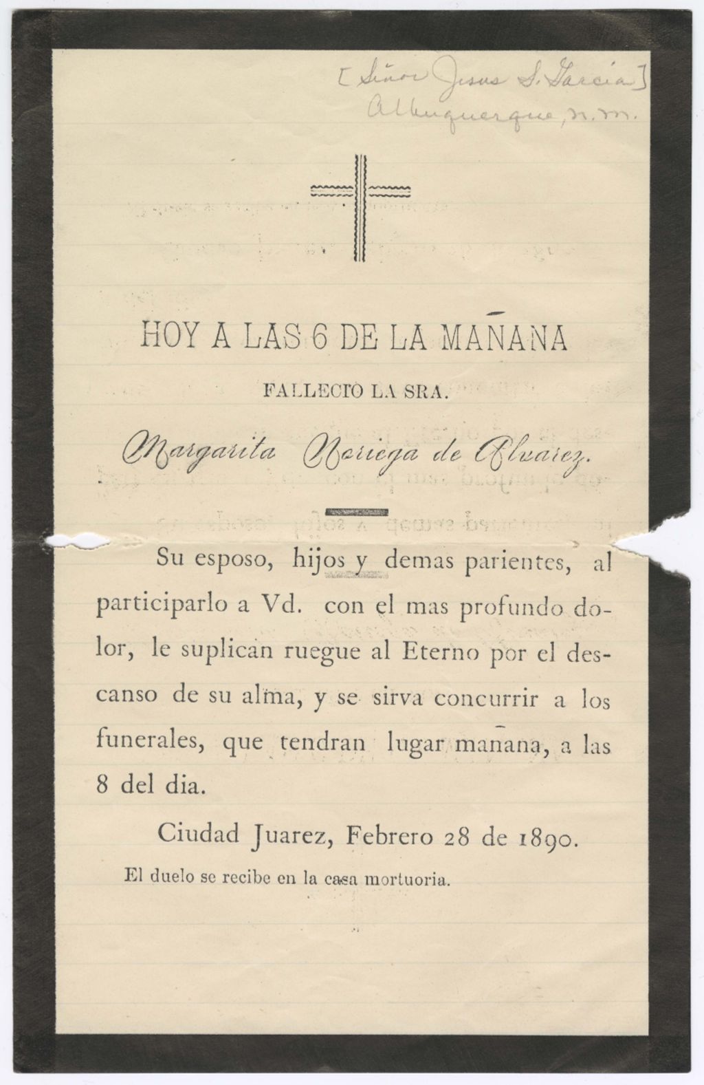 Miniature of Funeral announcement for Margarita Nariega de Alvarez, February 28, 1890