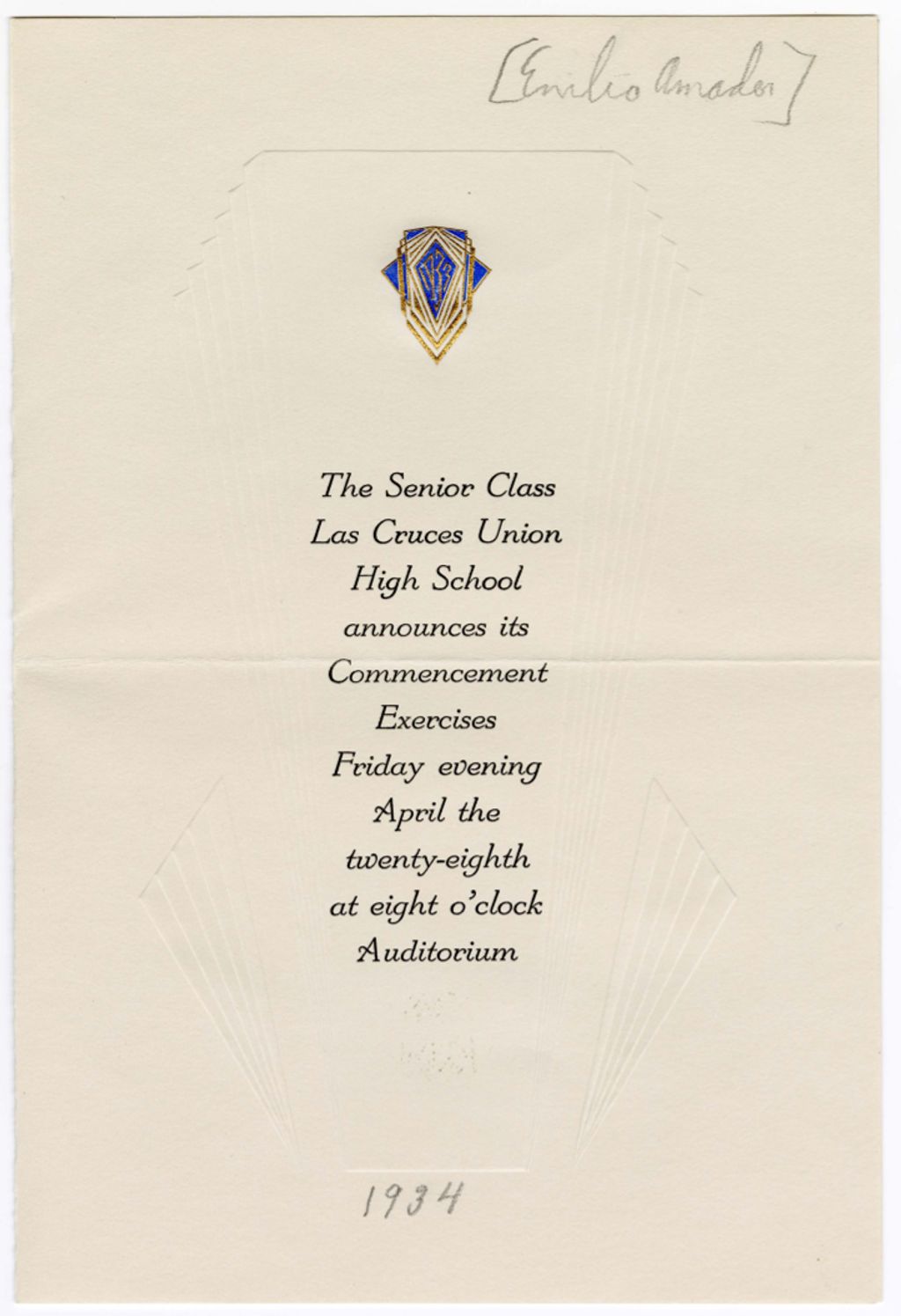 Miniature of Invitation to Emilia Amador de García for Commencement Exercises, April 28, 1934