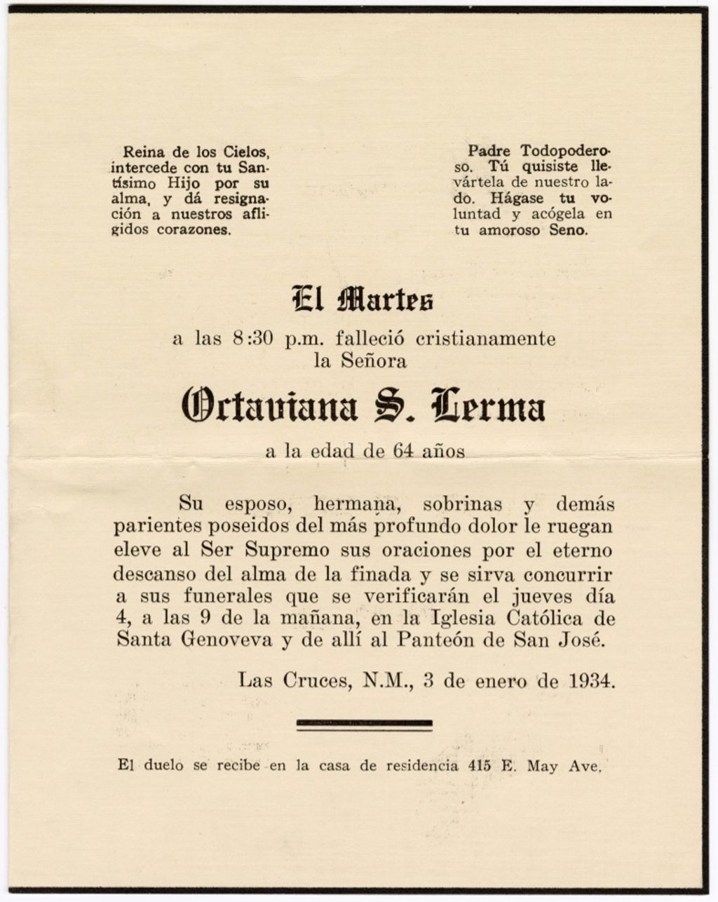 Miniature of Invitation to Emilia Amador de García for the funeral of Octaviana S. Lerma, January 3, 1934