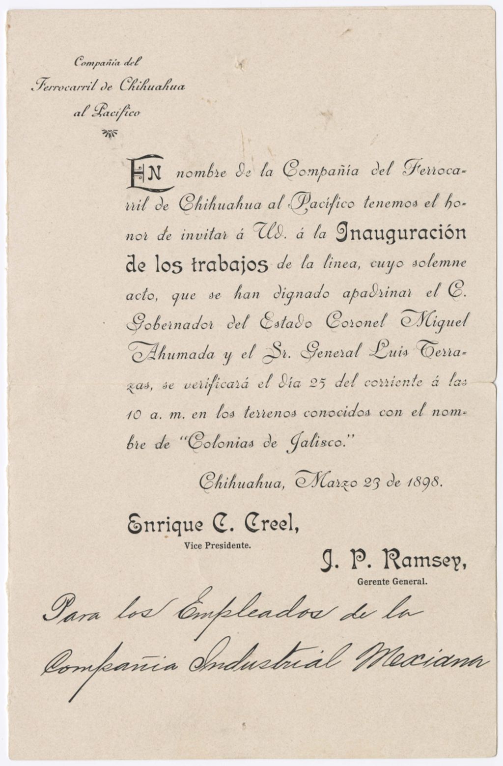 Miniature of Invitation to Antonio Terrazas for an Inauguration, March 23, 1898