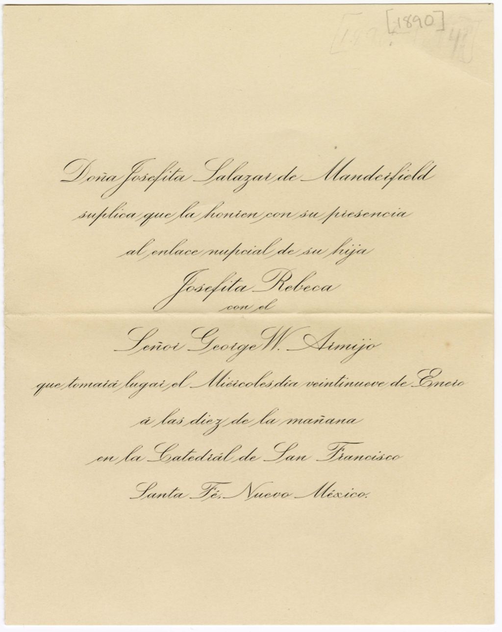 Miniature of Invitation to Emilia Amador de García for a wedding, January 29, 1890