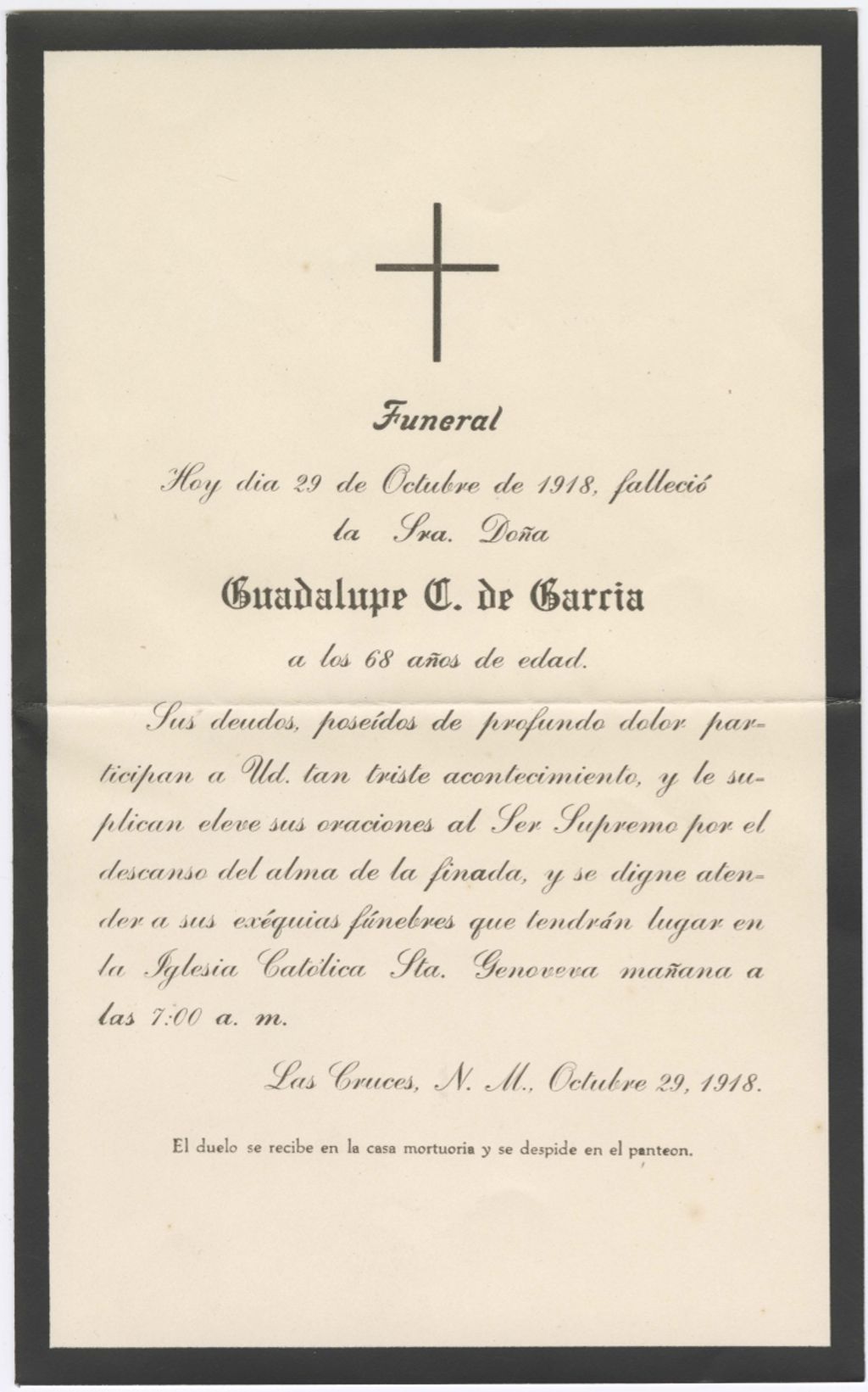 Miniature of Death announcement for Guadalupe C. de Garria, October 29, 1918