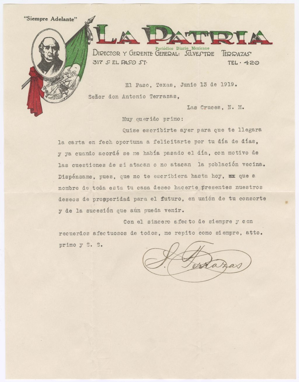 Miniature of Silvestre Terrazas to Antonio Terrazas, June 13, 1919