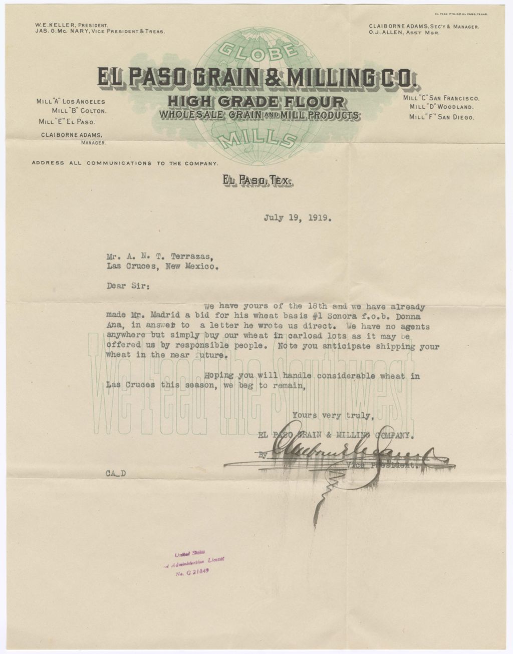 Miniature of El Paso Grain & Milling Co. to Antonio Terrazas, July 19, 1919