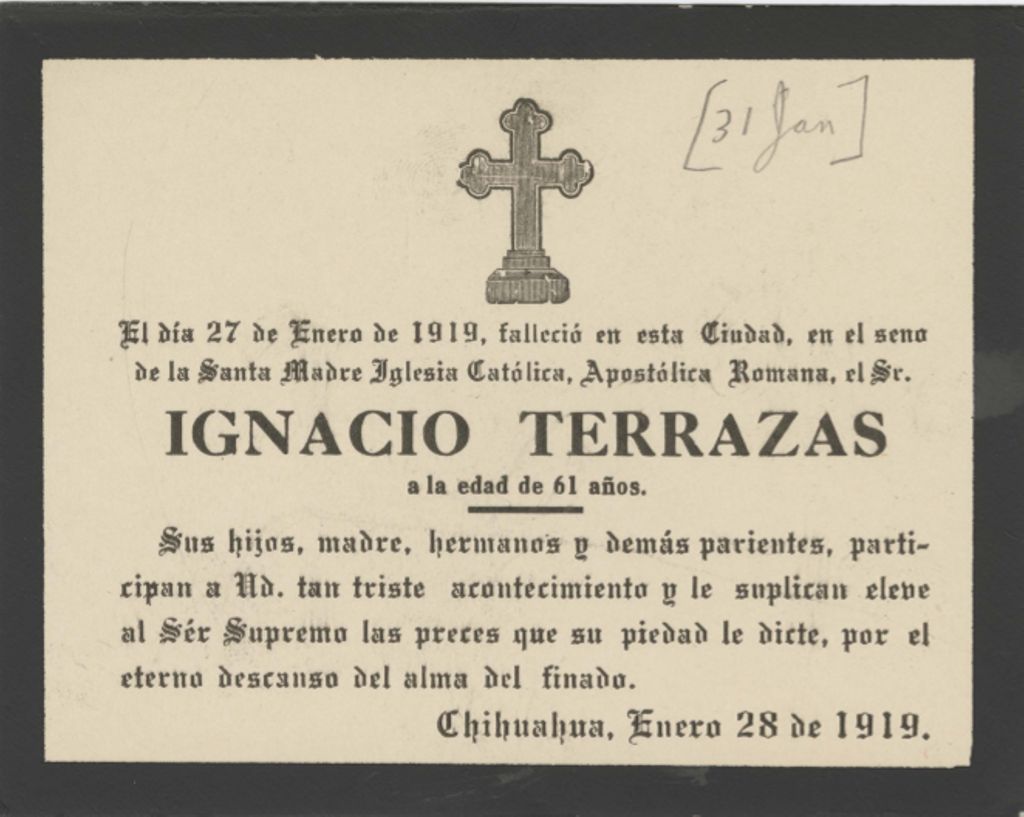 Miniature of Death announcement for Ignacio Terrazas, January 28, 1919