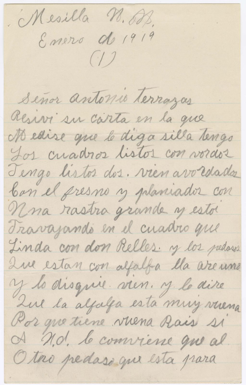 Miniature of Fransisco Perea to Antonio Terrazas, January, 1919