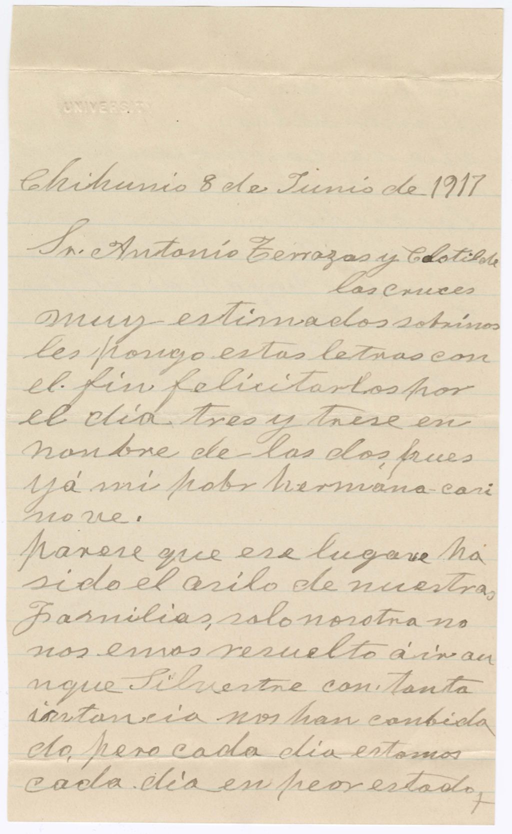 Miniature of Maria Bárbara Terrazas to Antonio Terrazas, June 8, 1917