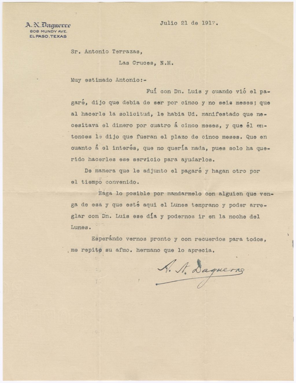 Miniature of Alejandro N. Daguerre to Antonio Terrazas, July 21, 1917