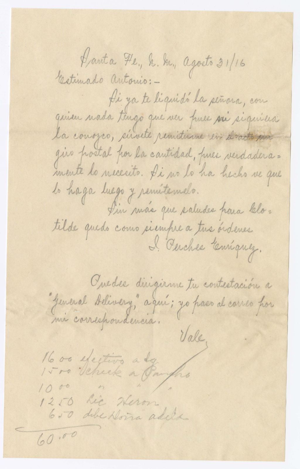 Miniature of Ignacio Perches Enriquez to Antonio Terrazas, August 31, 1916