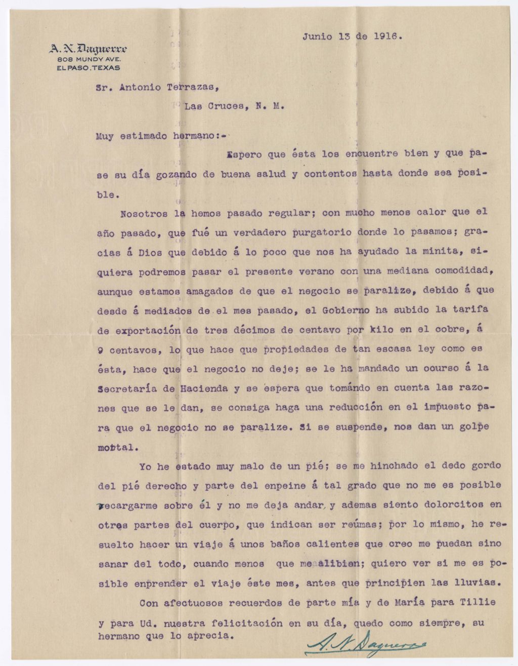 Miniature of Alejandro N. Daguerre to Antonio Terrazas, June 13, 1916