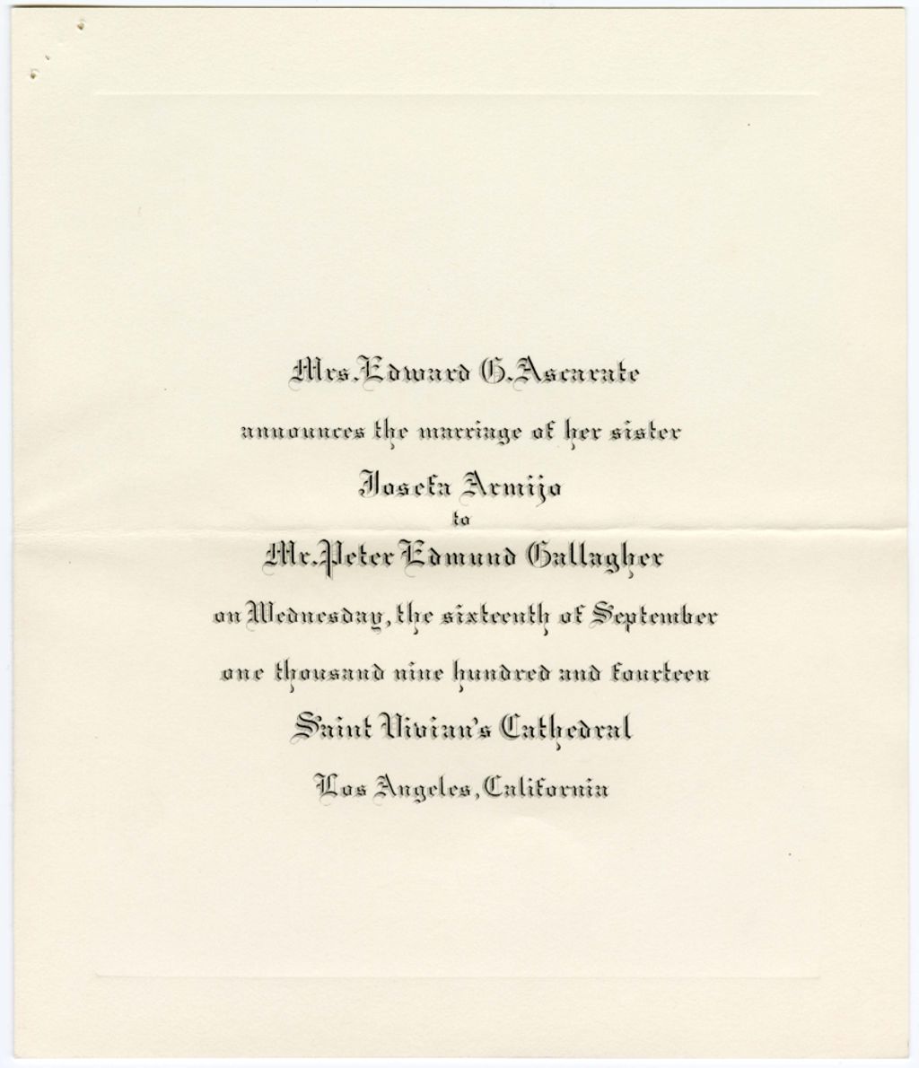 Miniature of Invitation to Antonio Terrazas for a wedding, September 16, 1914