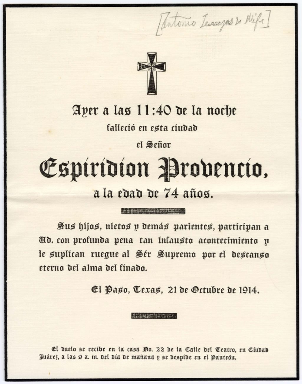 Miniature of Invitation to Antonio Terrazas for a funeral, October 21, 1914