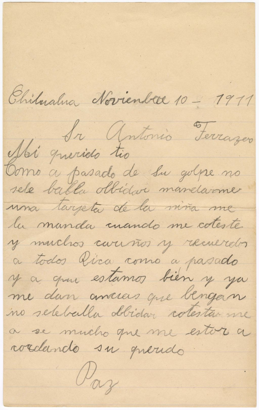 Miniature of Paz to Antonio Terrazas, November 10, 1911