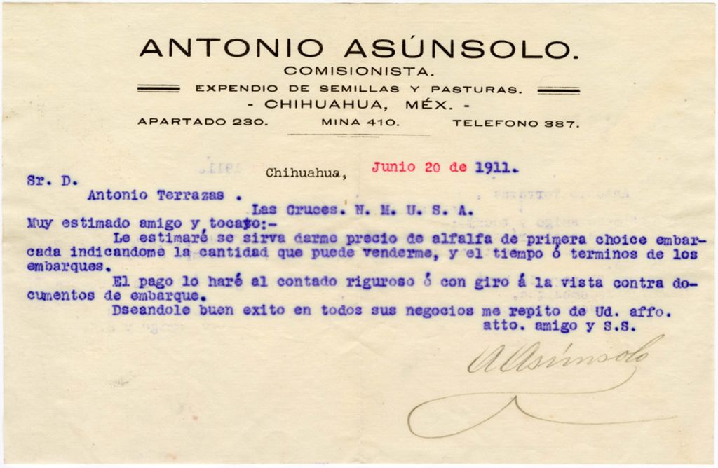 Miniature of Antonio Asúnsolo to Antonio Terrazas, June 20, 1911