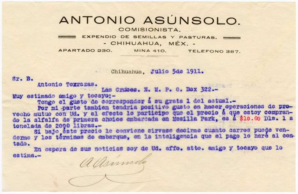 Miniature of Antonio Asúnsolo to Antonio Terrazas, July 5, 1911