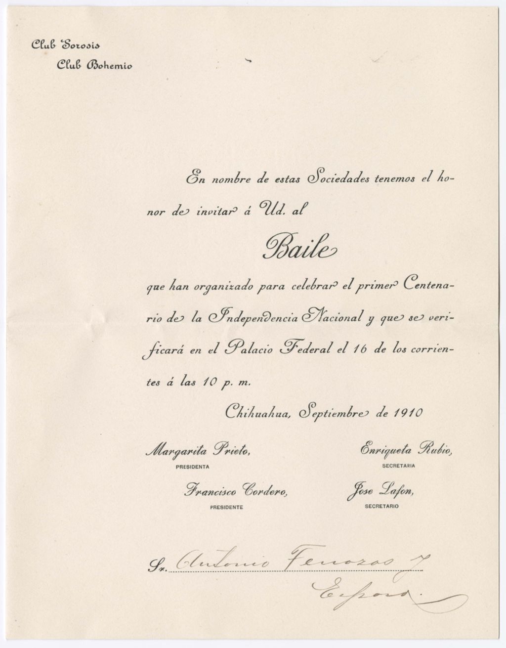 Miniature of Invitation to Antonio Terrazas for a dance party, September 16, 1910