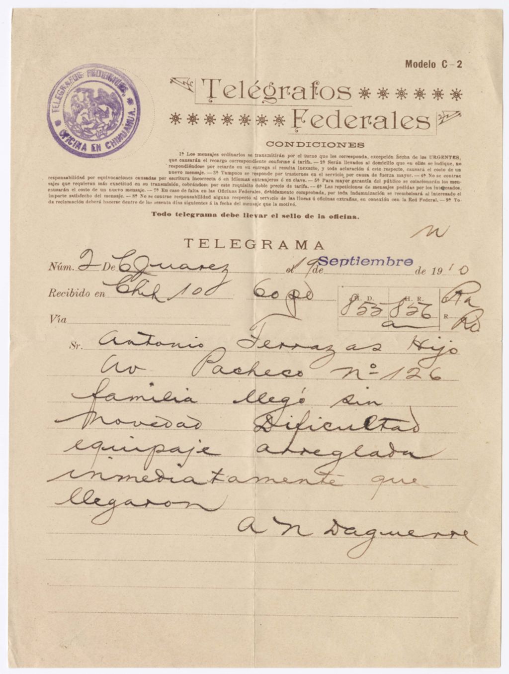 Miniature of Alejandro N. Daguerre to Antonio Terrazas, September 19, 1910