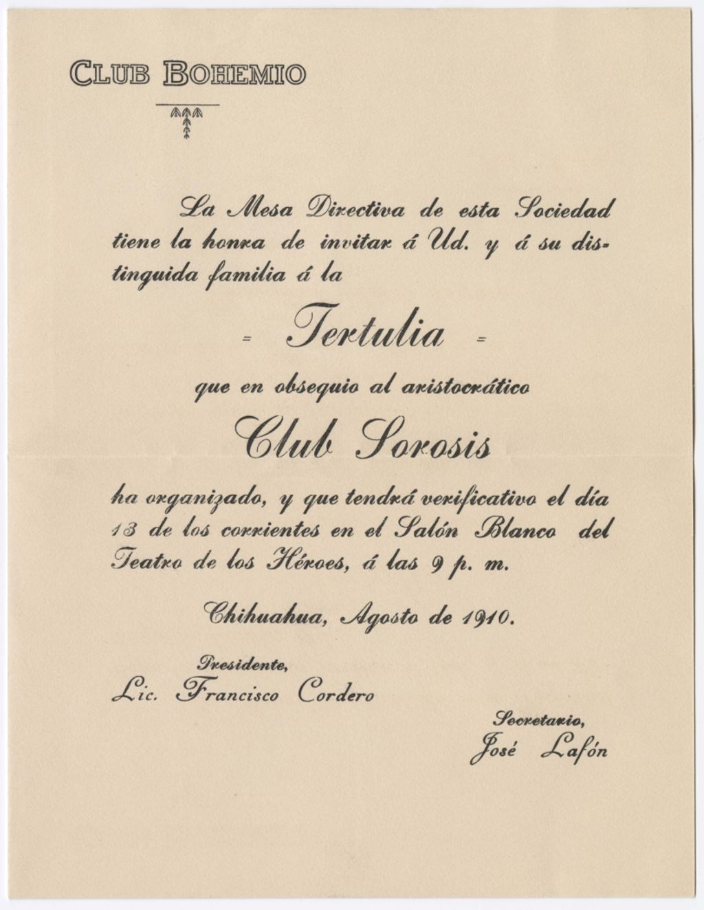 Miniature of Invitation to Antonio Terrazas for a Tertulia, August 13, 1910