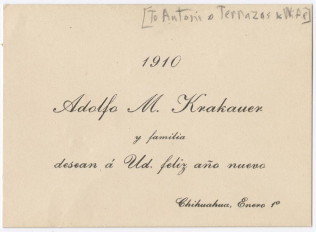 Miniature of Adolfo M. Krakauer to Antonio Terrazas, January 1, 1910