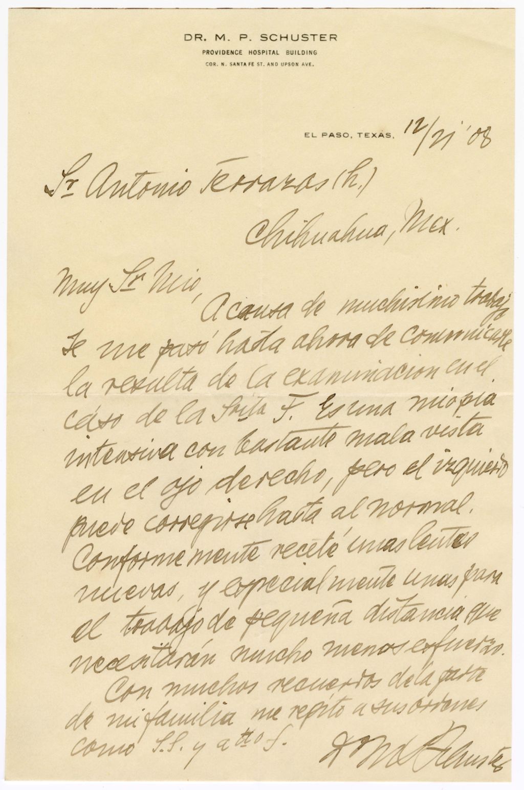 Miniature of M. P. Schuster to Antonio Terrazas, December 21, 1908