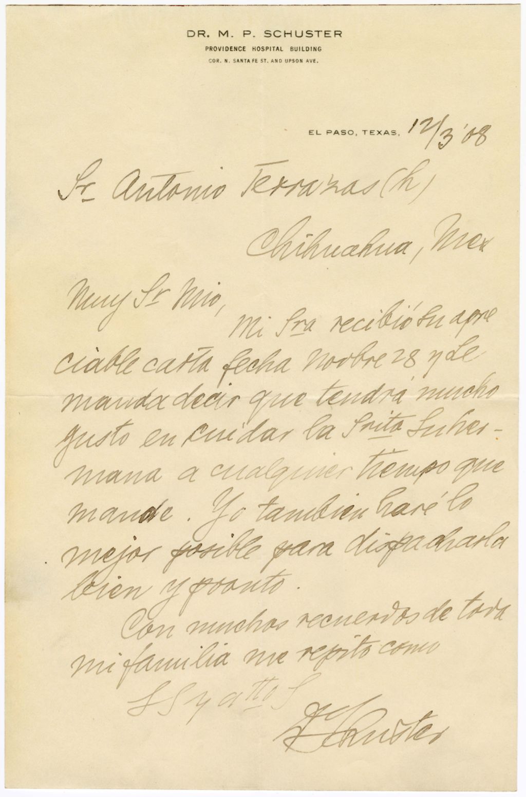 Miniature of M. P. Schuster to Antonio Terrazas, December 3, 1908