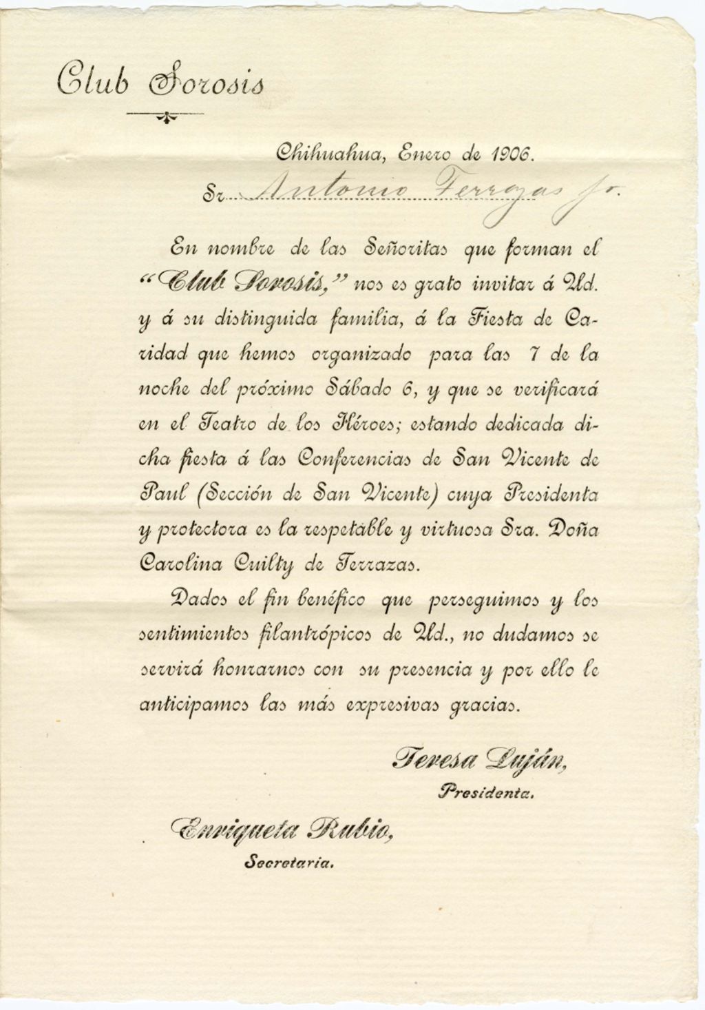 Miniature of Invitation to Antonio Terrazas for a charity party, January 6, 1906