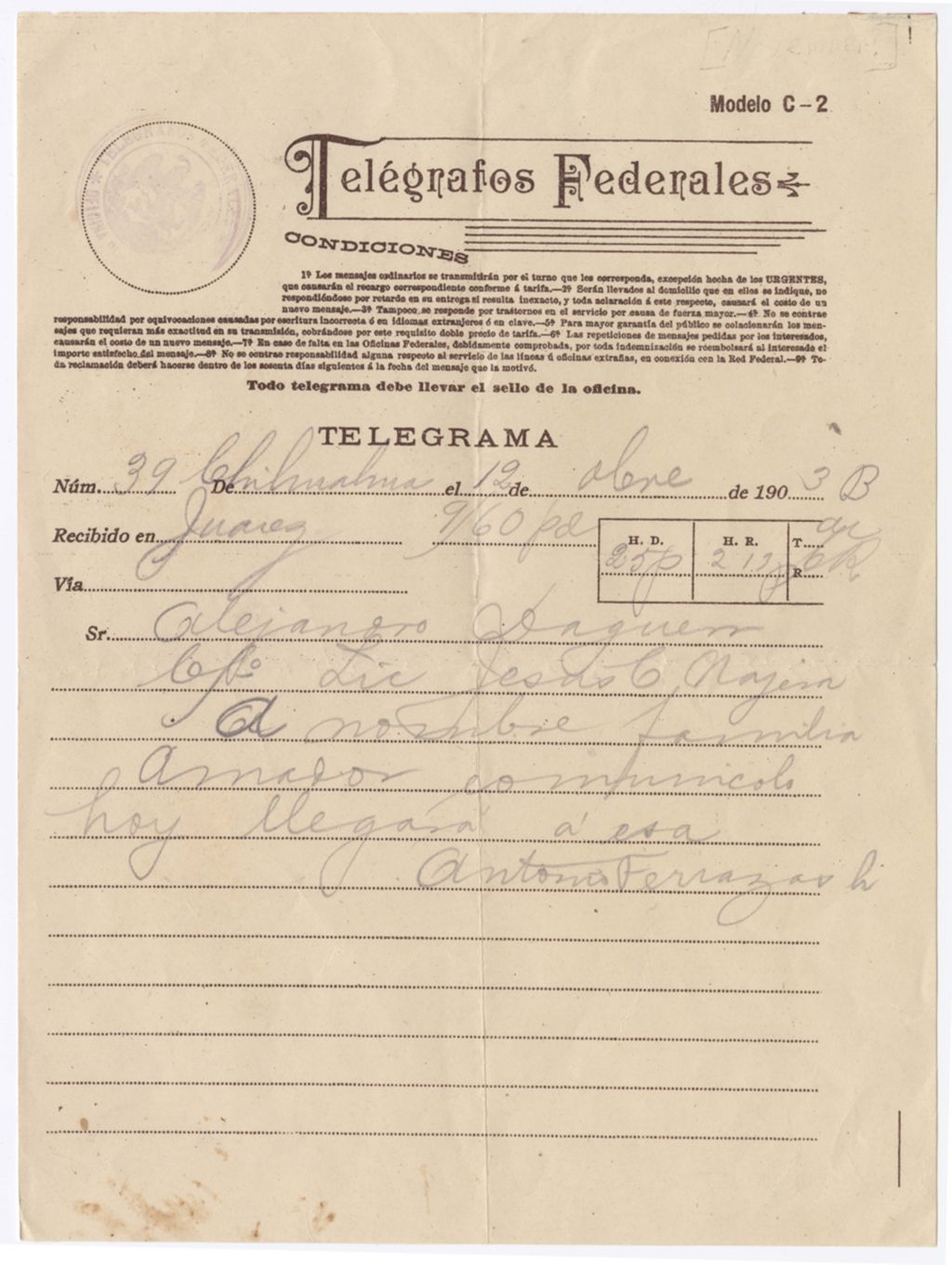 Miniature of Antonio Terrazas to Alejandro N. Daguerre, November 12, 1903