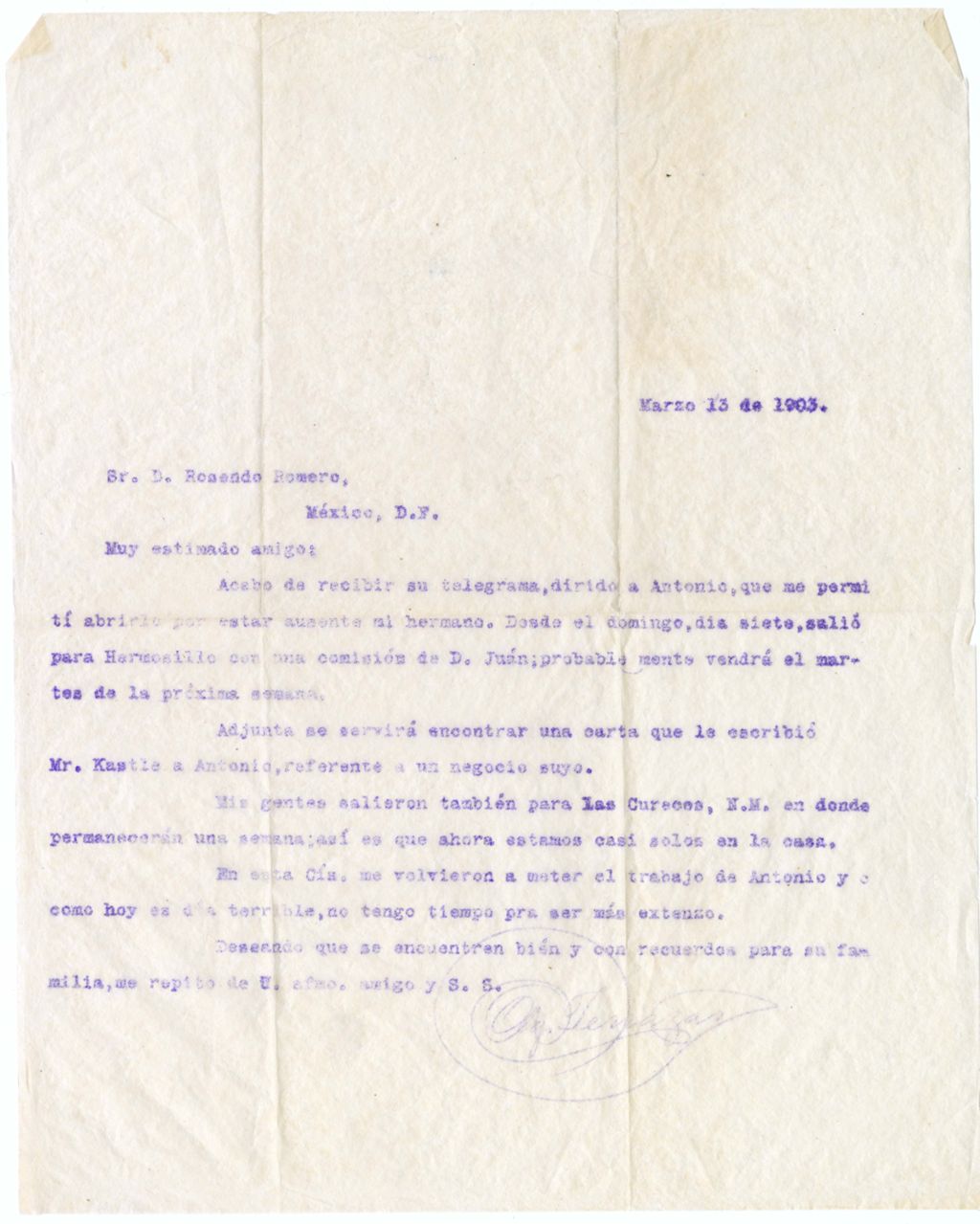 Miniature of Antonio Terrazas to Rosendo Romero, March 13, 1903