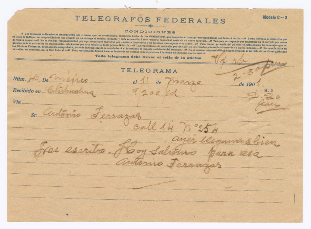 Miniature of Antonio Terrazas, Sr. to Antonio Terrazas, March 11, 1901