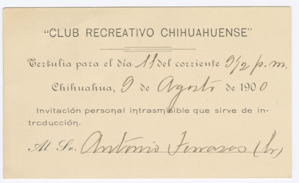 Miniature of Invitation to Antonio Terrazas for a recreation club, August 9, 1900