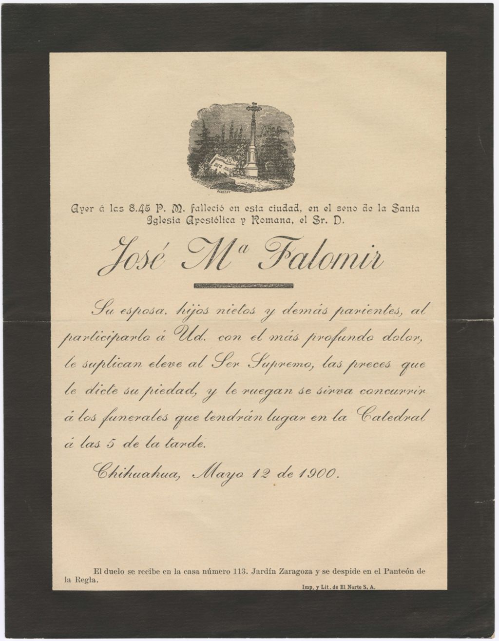 Miniature of Funeral announcement for José Falomir, Sr., May 12, 1900