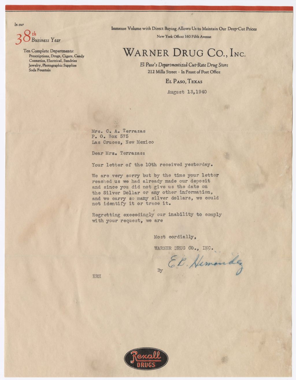 Miniature of Warner Drug Co., Inc. to Clotilde Amador de Terrazas, August 13, 1940