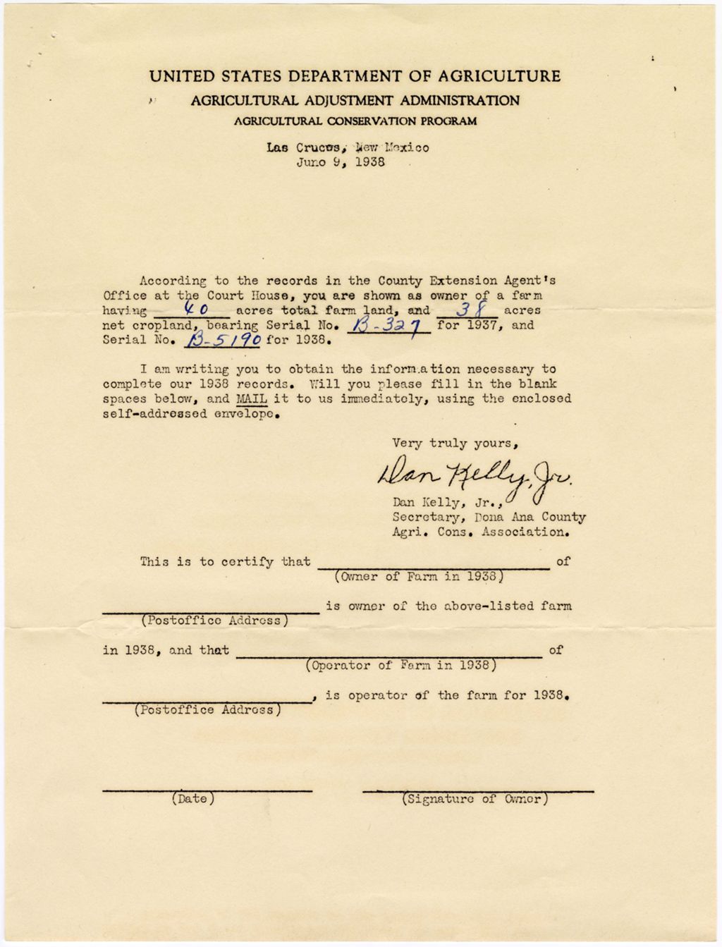 Miniature of United States Department of Agriculture to unknown recipient, June 9, 1938