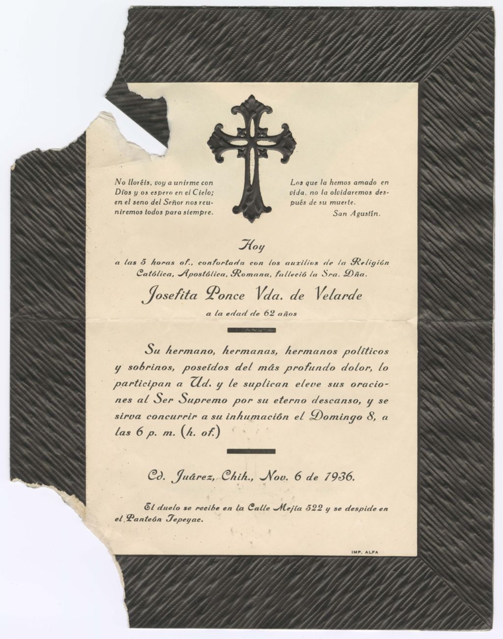 Miniature of Funeral announcment for Josefita Ponce Vda. de Velarde, November 6, 1936