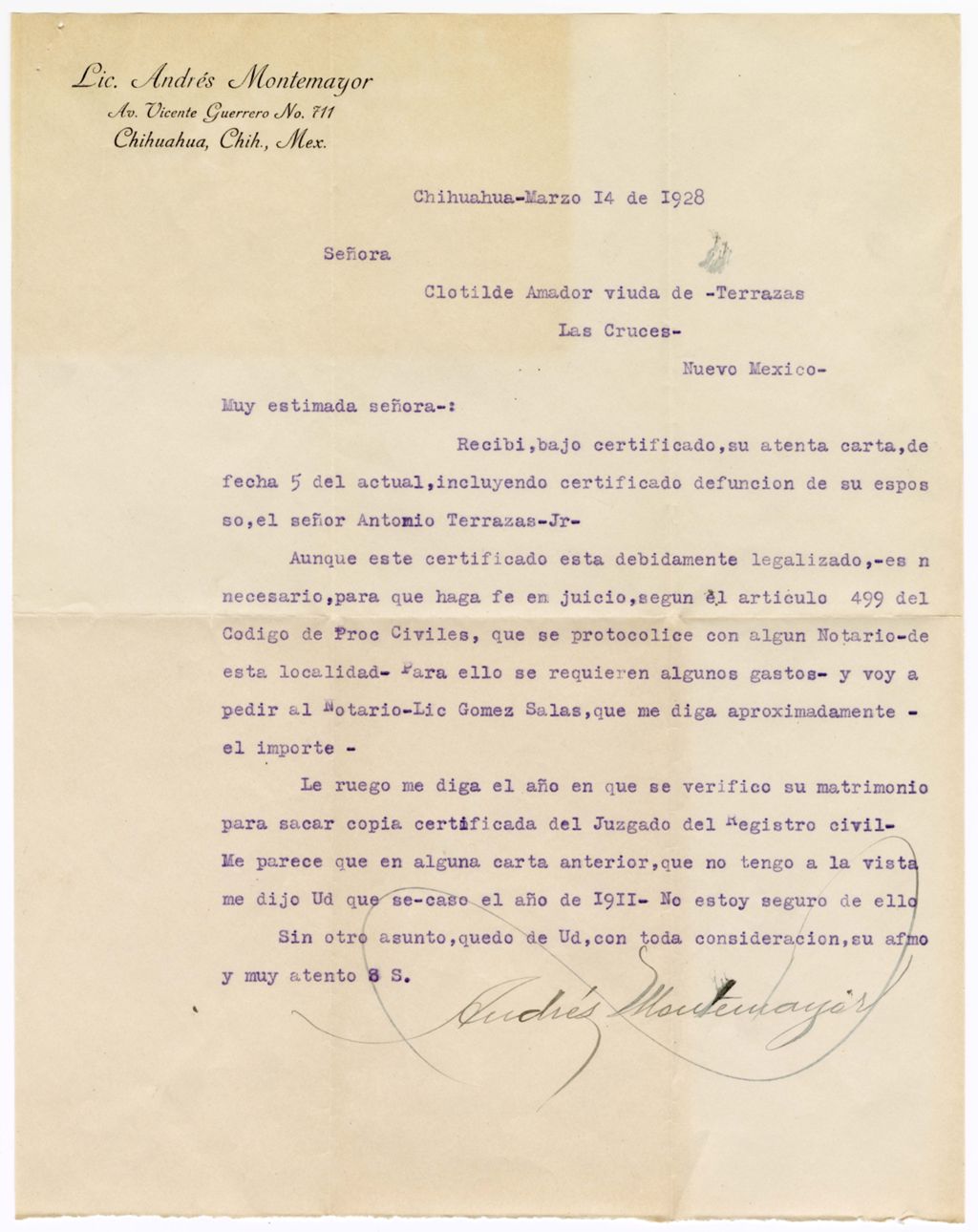 Miniature of Andres Montemayor to Clotilde Amador de Terrazas, March 14, 1928