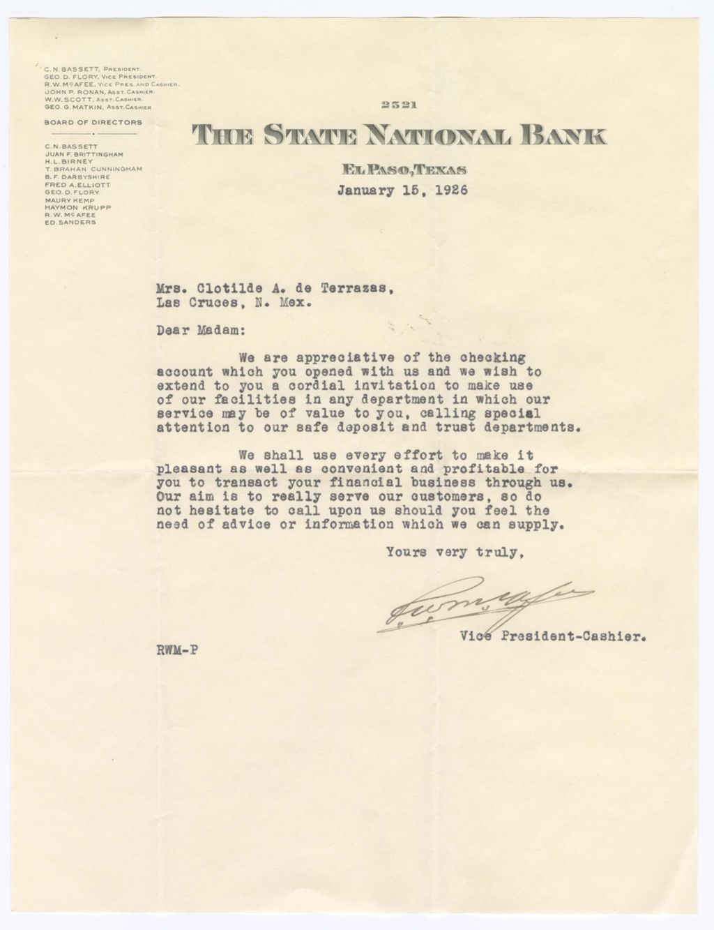 Miniature of The State National Bank to Clotilde Amador de Terrazas, January 15, 1926