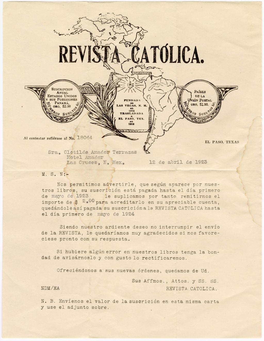 Miniature of Revista Catolica to Clotilde Amador de Terrazas, April 12, 1923