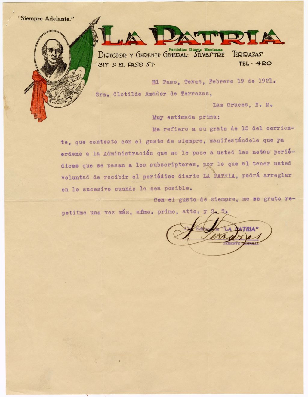 Miniature of Silvestre Terrazas to Clotilde Amador de Terrazas, February 19, 1921