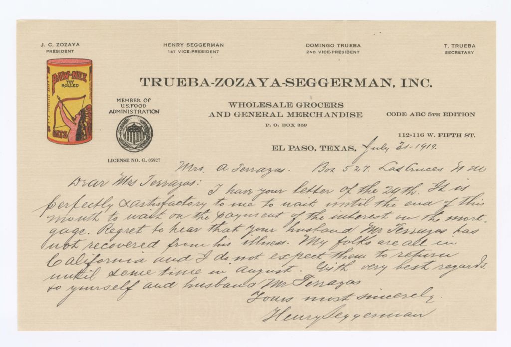 Miniature of Trueba-Zozoya-Seggerman, Inc. to Clotilde Amador de Terrazas, July 31, 1919